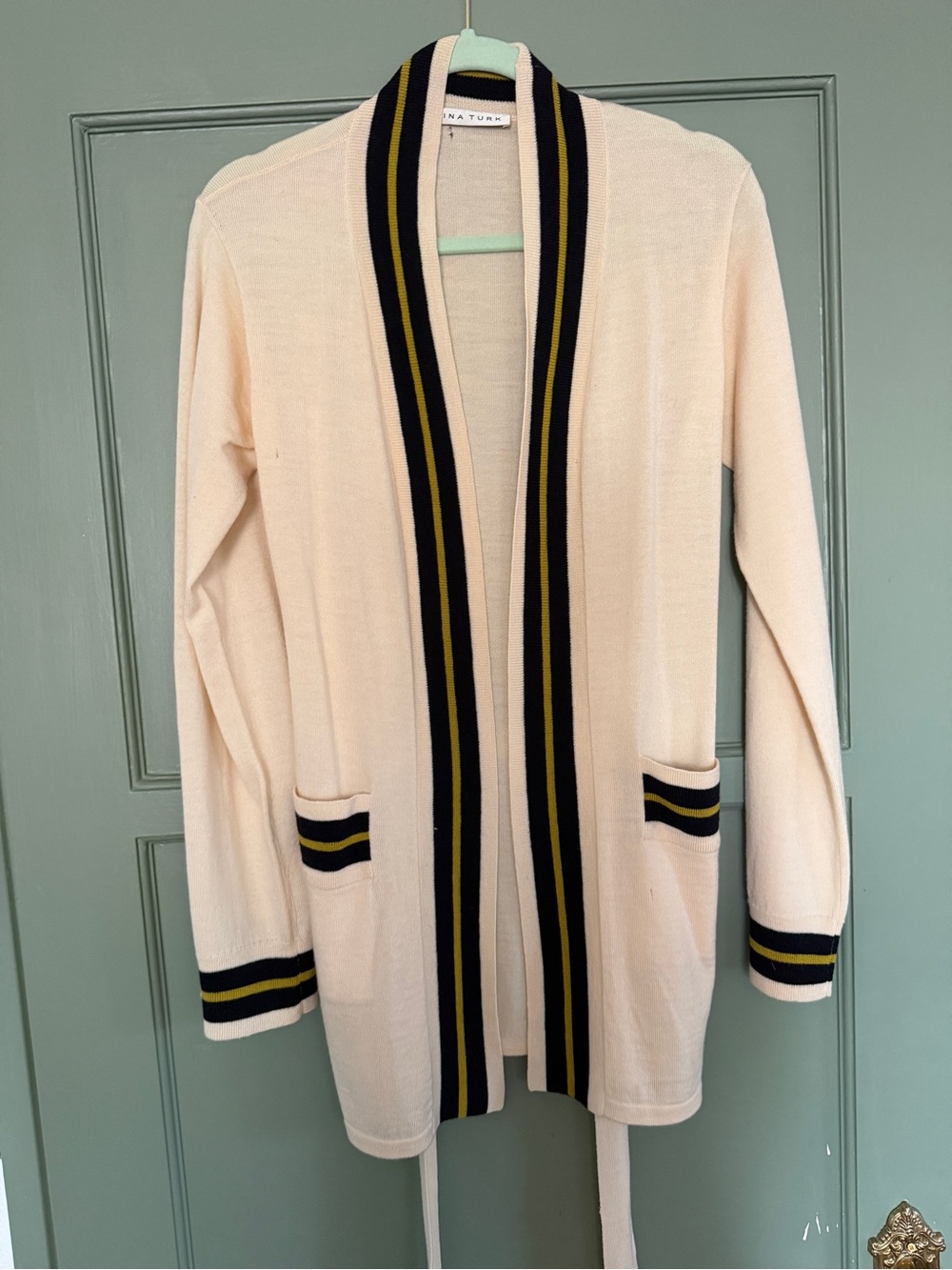 Trina Turk Cream Open-Front Cardigan with Navy and Yellow Trim